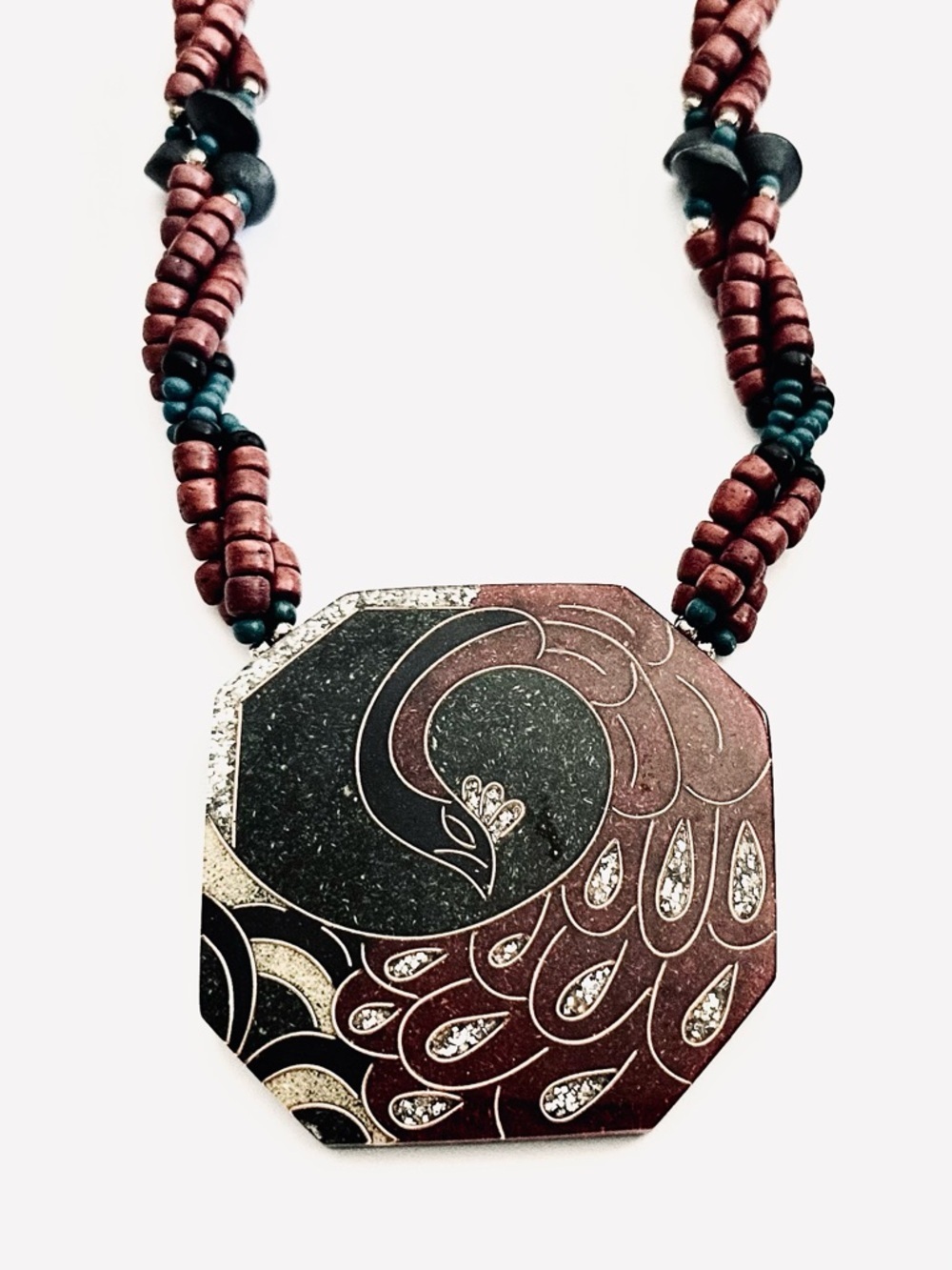Exotic Peacock Pendant with Layered Wood Beads Necklace
